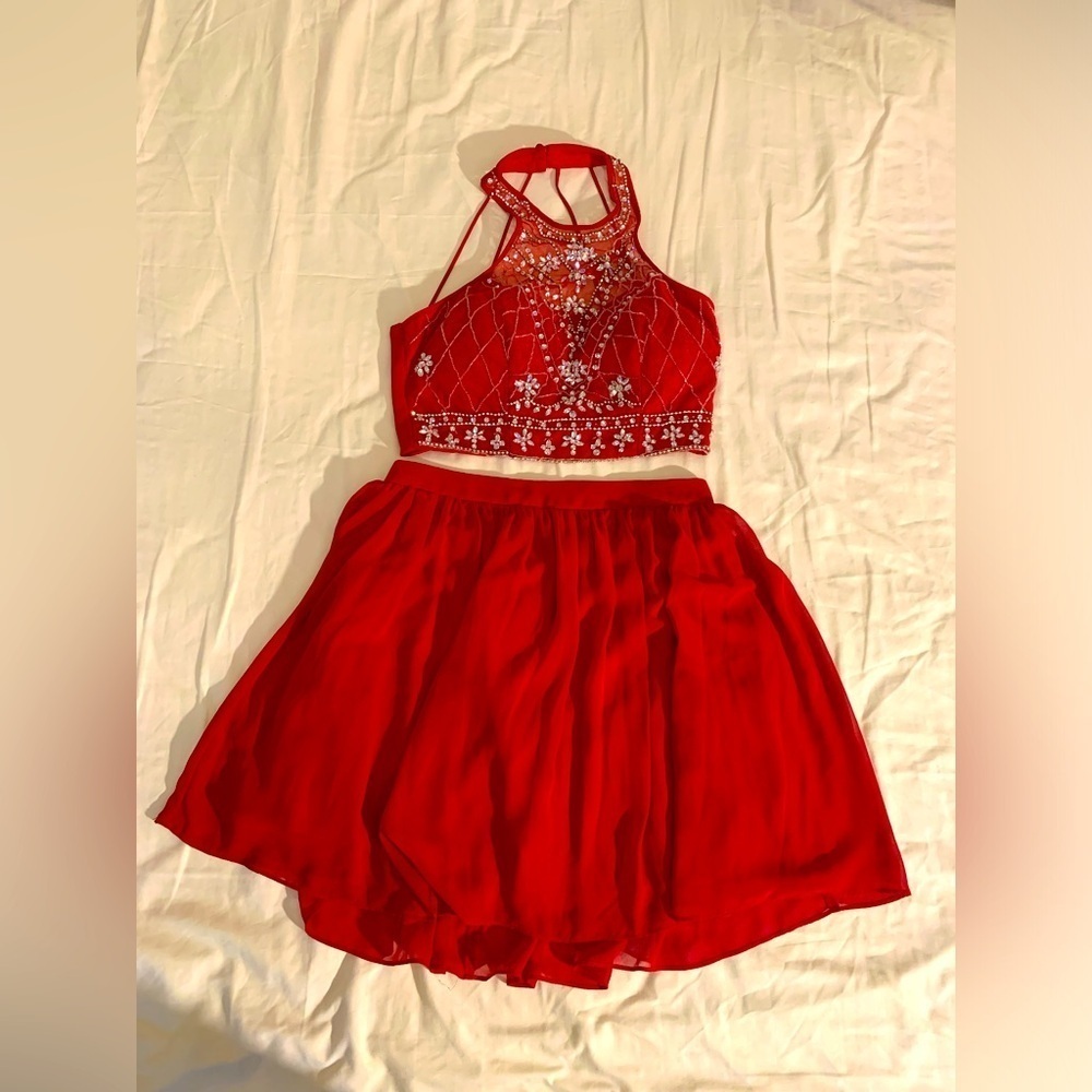 Two-piece red dress - bedazzled, halter, flowy bottom